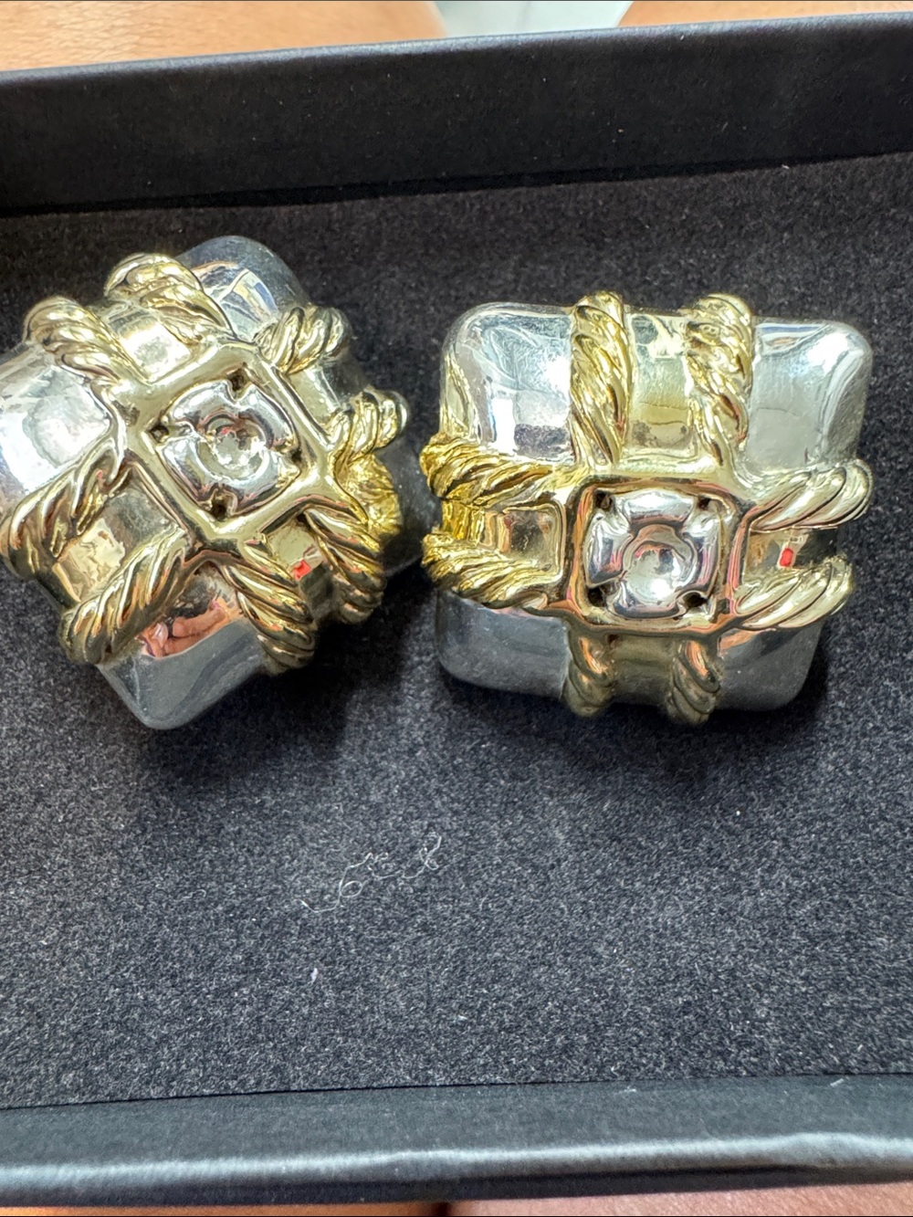 Two-Tone Gold & Silver Rope Square Earrings - Women Jewelry925 Sterling 1980s